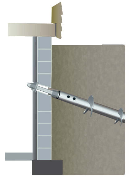 illustration of helical tieback attached to basement wall