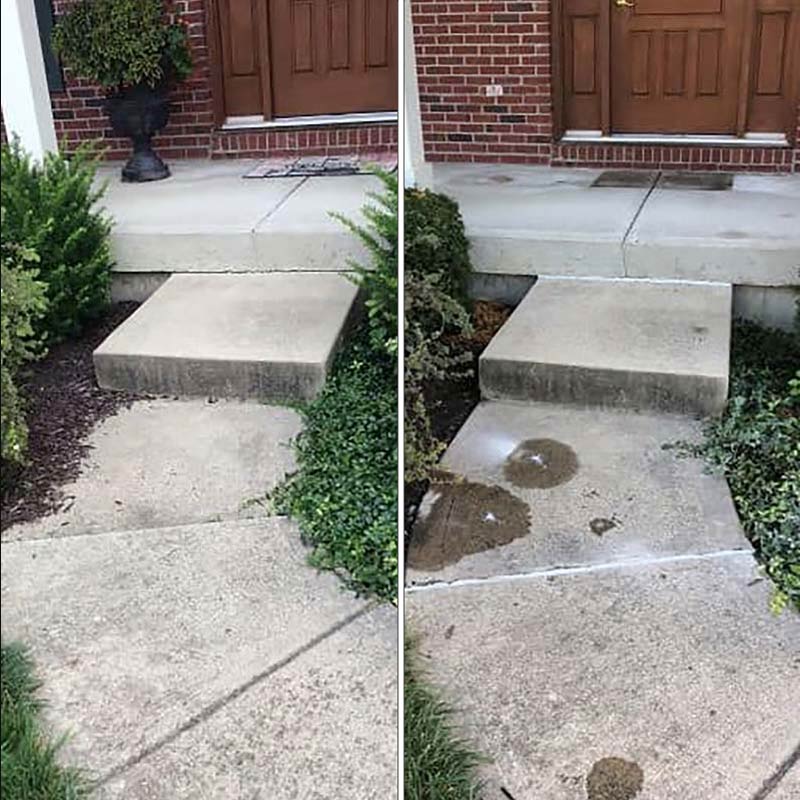 Sidewalk showing concrete leveling before and after
